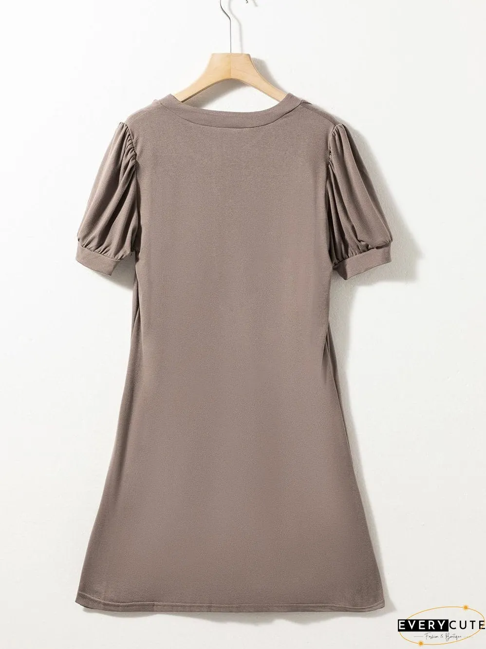 Desert Palm Pleated Notched Neck Puff Sleeve Shift Tee Dress