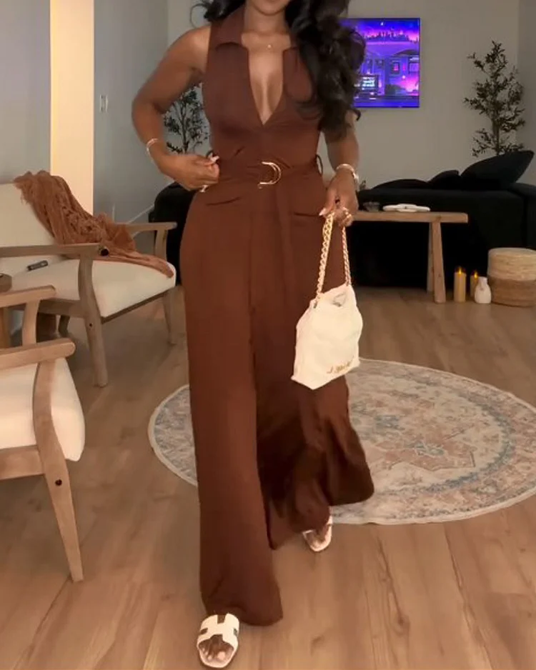 Lapel sleeveless solid color dress