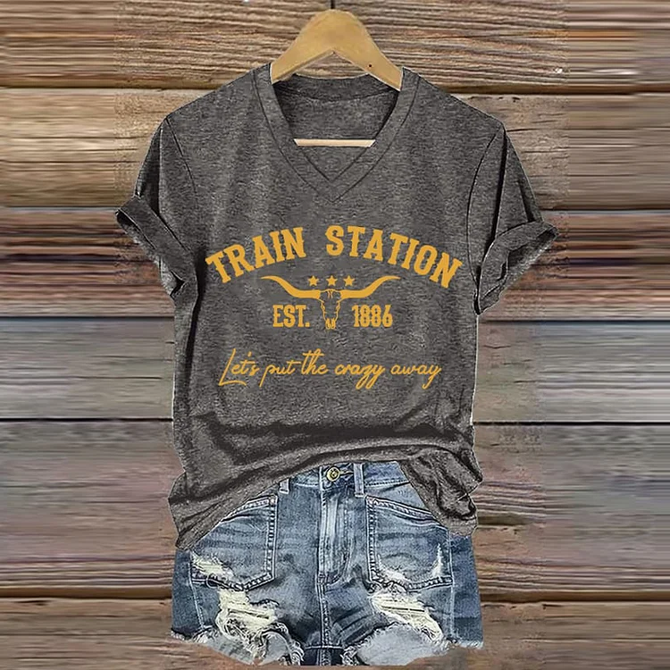 Women's Retro Western Print V-Neck T-Shirt