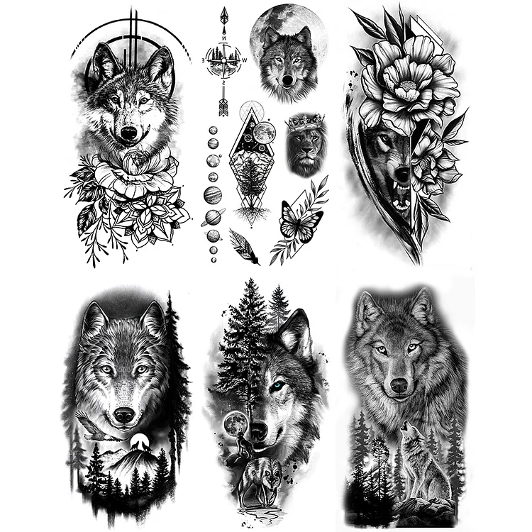 6 Sheets Black Wolf Flower Temporary Tattoo Sticker