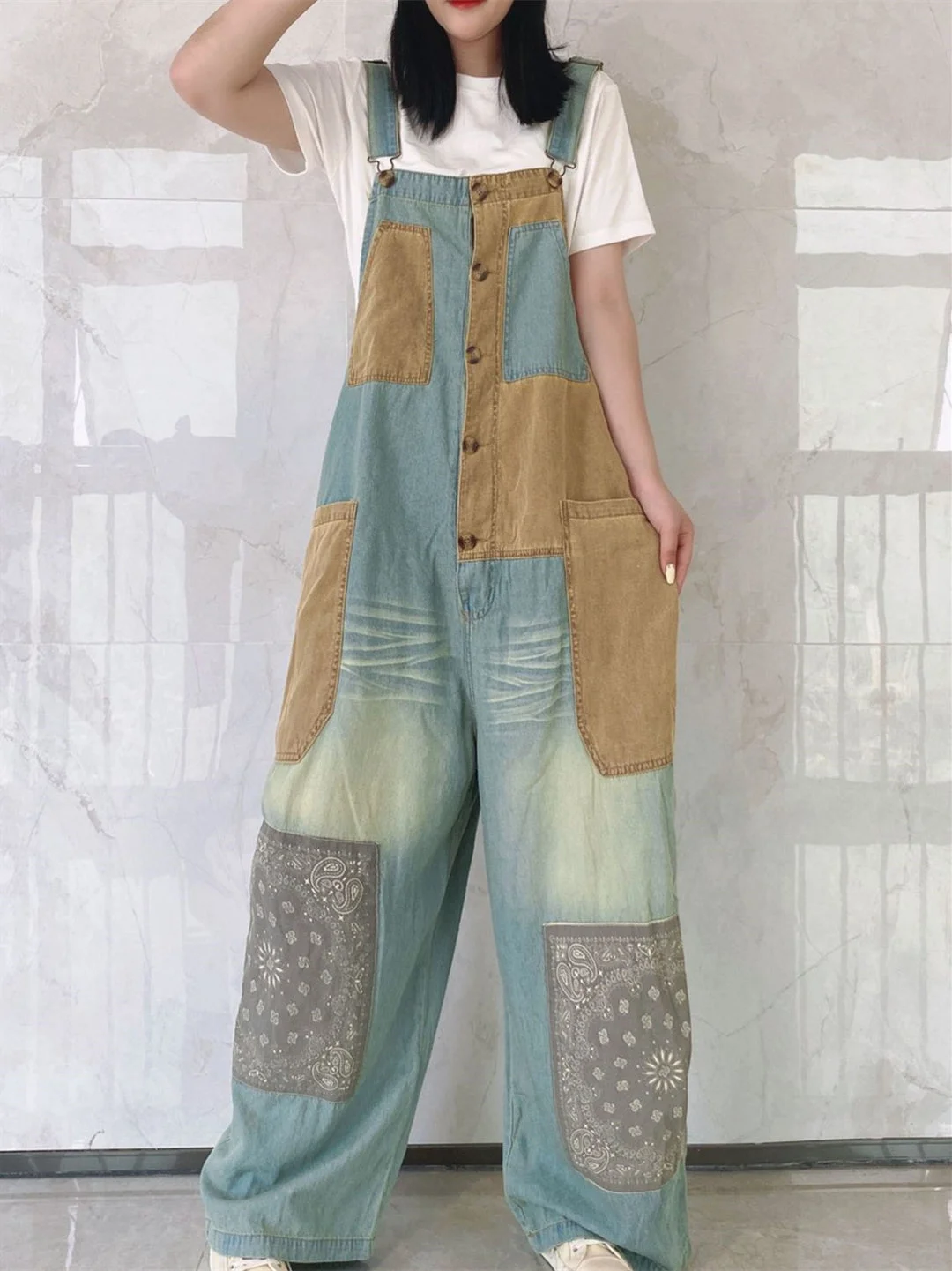 Women's Retro Washed Distressed Loose Colorblock Jumpsuit