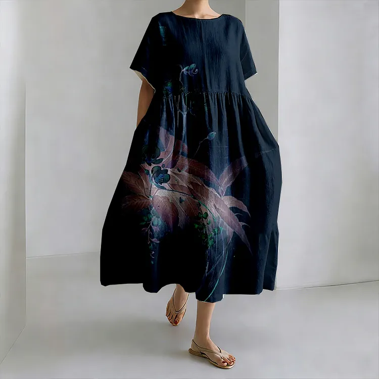 Japanese Style Pleated Lily Printed Tie-dyed Dress