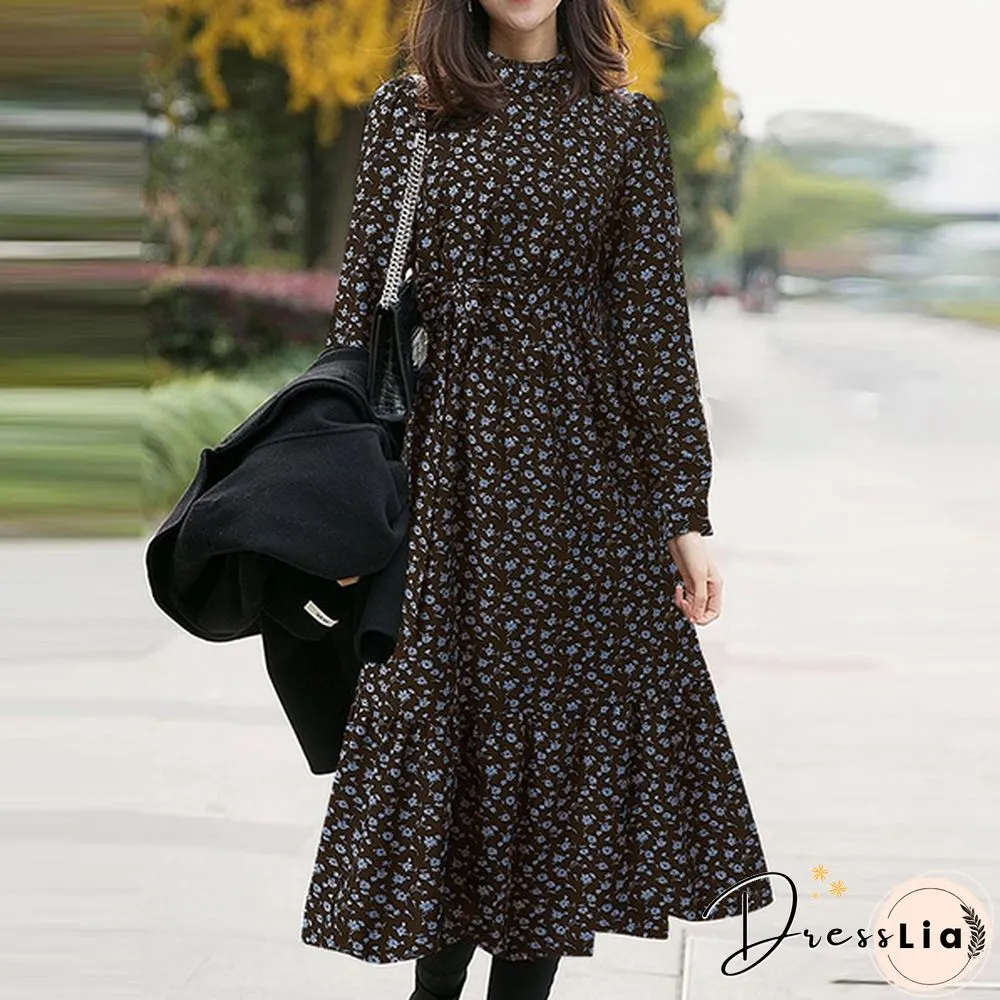 Womens Spring Casual Belt Full Sleeved Kaftan Floral Printed A-Line Party Ruffle Hem Long