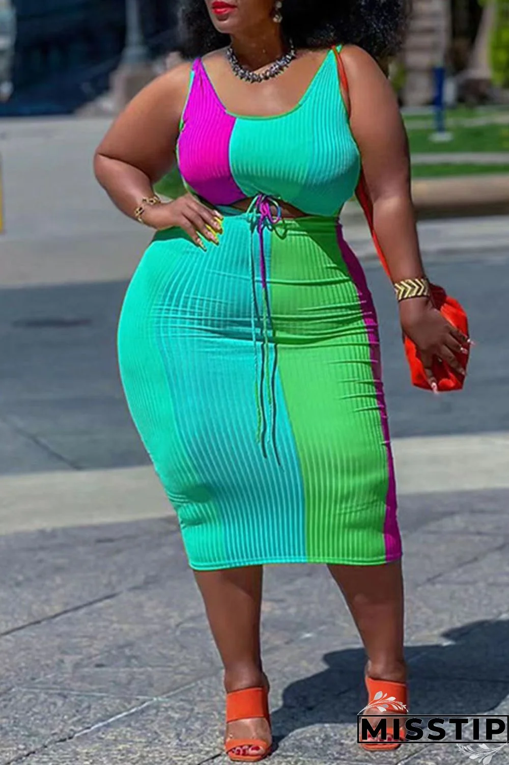 Fluorescent Green Casual Print Patchwork U Neck Plus Size Two Pieces