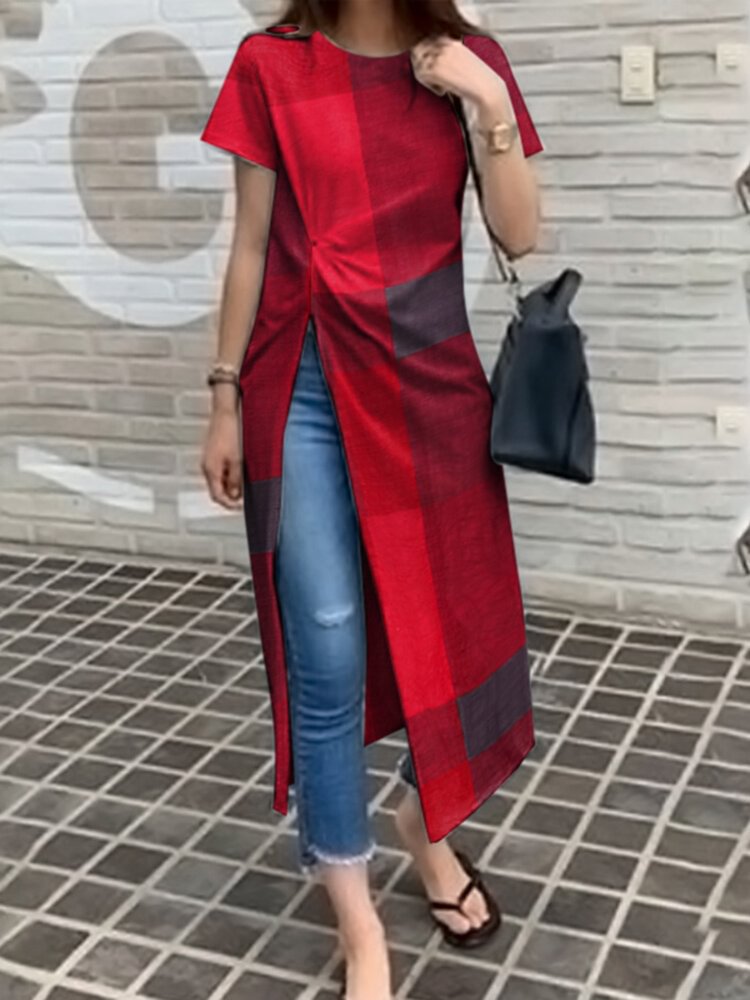 Plaid Split Twist Round Neck Short Sleeve Casual T-Shirt