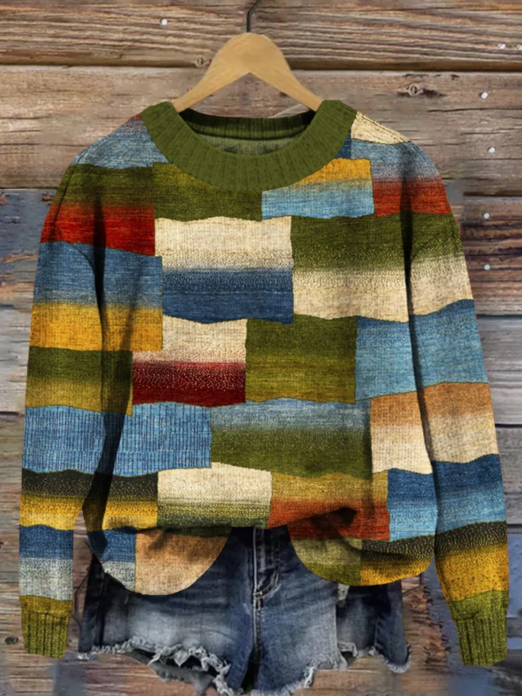 VChics Vintage Geometric Color Block Pattern Cozy Sweater