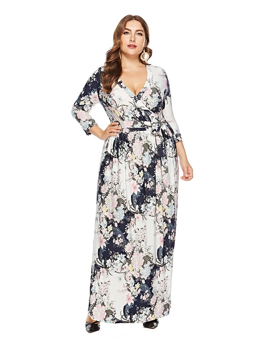 Plus Size Dress Sash Design Long Sleeve Print Maxi Long Dress