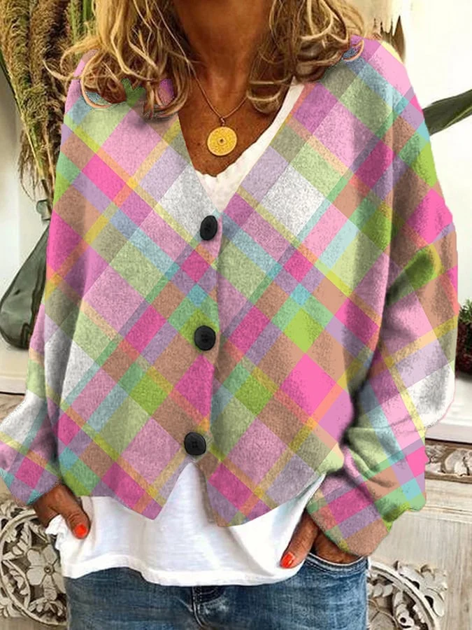 Vintage Check Print Casual Loose Button Flannel Cardigan