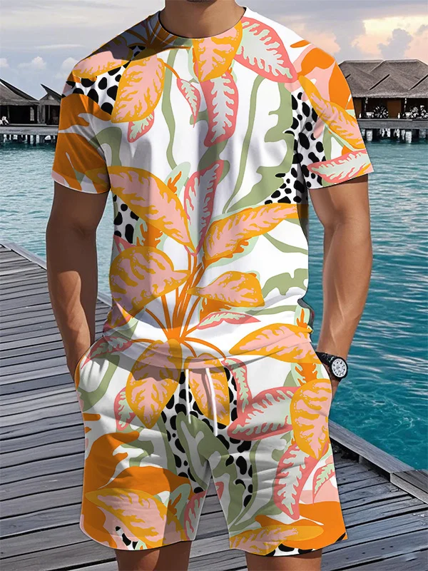 Men's Tropical Plants Floral Abstract Art Print T-Shirt Shorts Set