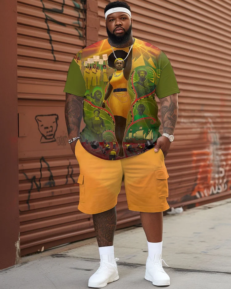 Men's Plus Size Street Black History Month Graffiti Short Sleeve Shorts Set