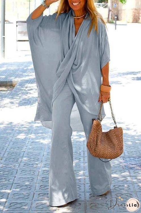 Meridress Cross Front Batwing Top Wide Leg Pants Cotton Linen Set