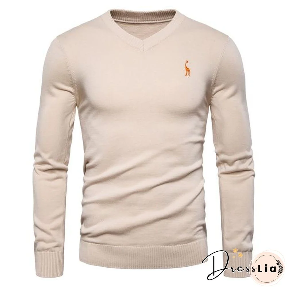 Autumn Winter Brand Quality 100% Cotton Mens Sweaters V Neck Pullovers Men Solid Embroidery Sweater