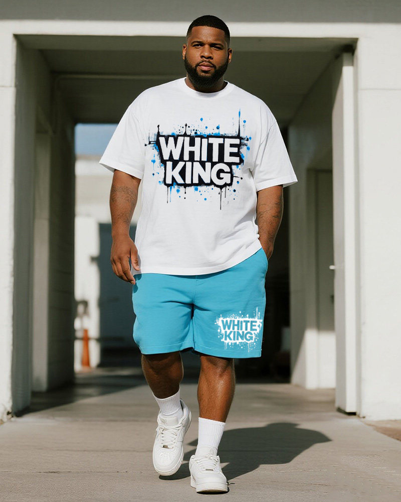 Big & Tall Men's Graffiti White King Alphabet Print Round Neck Short Sleeve T-Shirt Shorts Suit