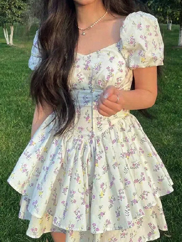 Brownm Floral Print Corset Slim Mini Dress with Puff Sleeves