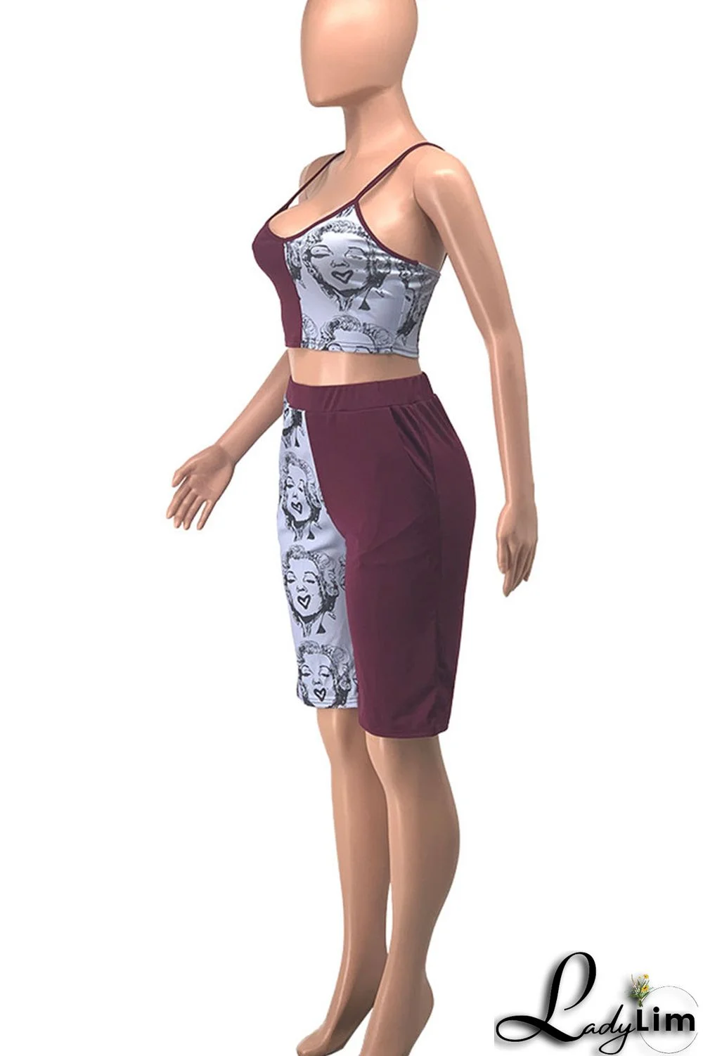 Tangerine Casual Street Print Patchwork Spaghetti Strap Sleeveless Two Pieces