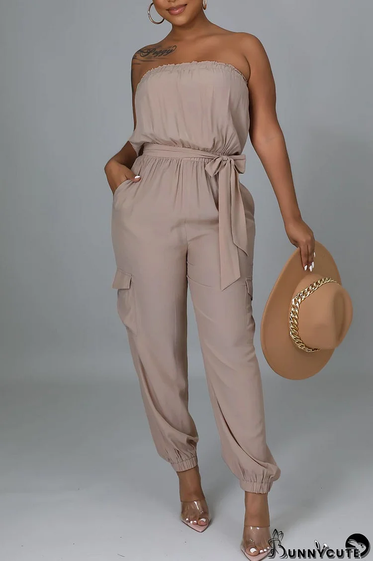 Apricot Pink Sexy Solid Split Joint Strapless Straight Jumpsuits