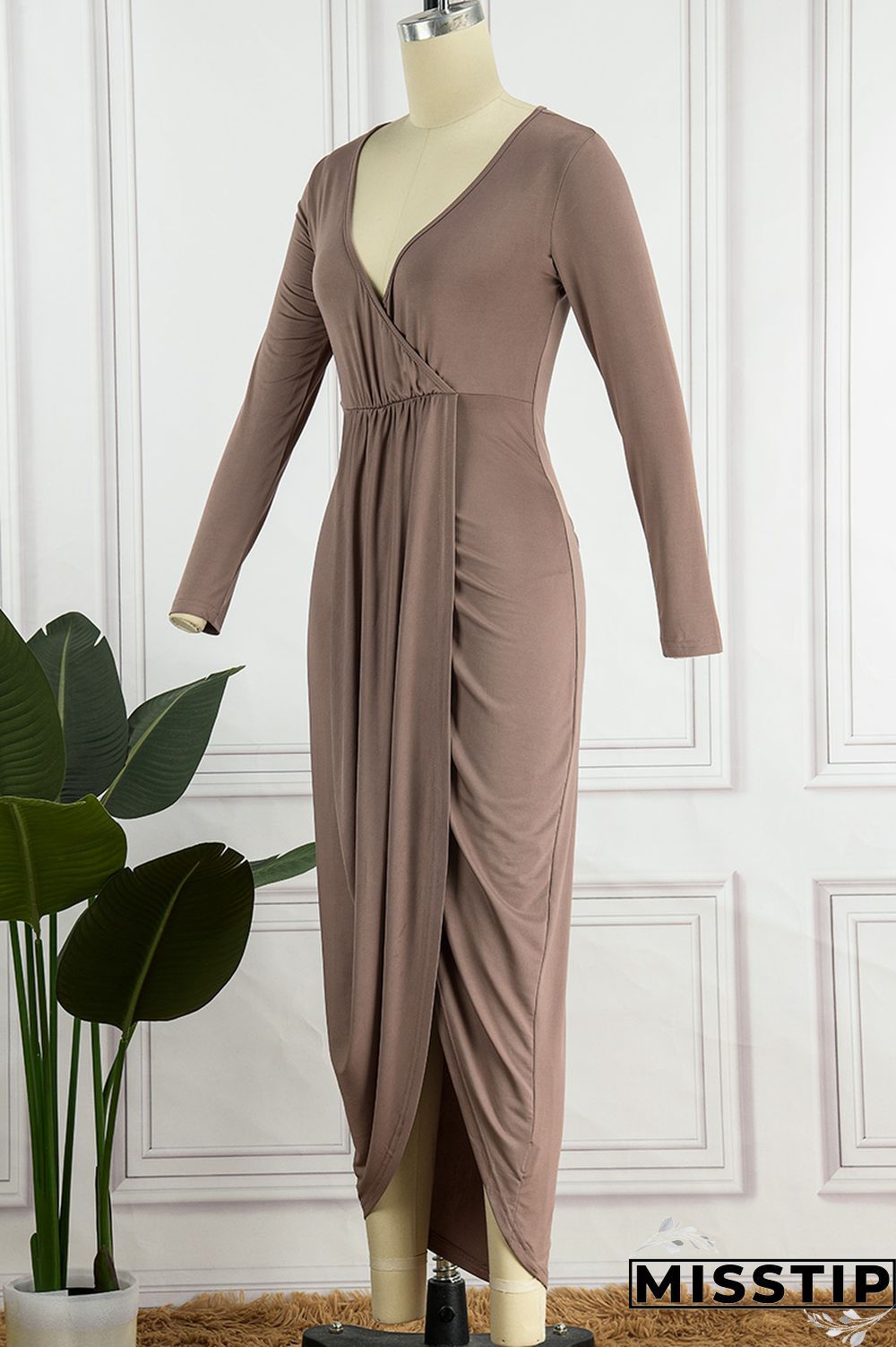 Ink Green Casual Solid Patchwork V Neck Long Sleeve Dresses