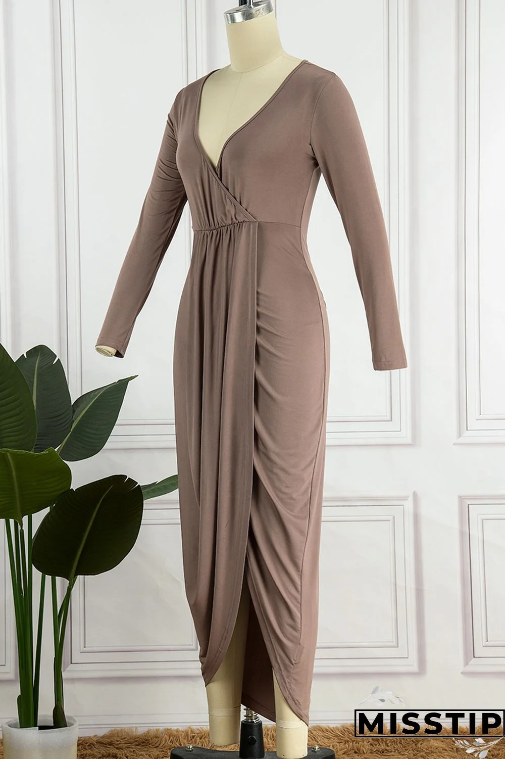 Ink Green Casual Solid Patchwork V Neck Long Sleeve Dresses