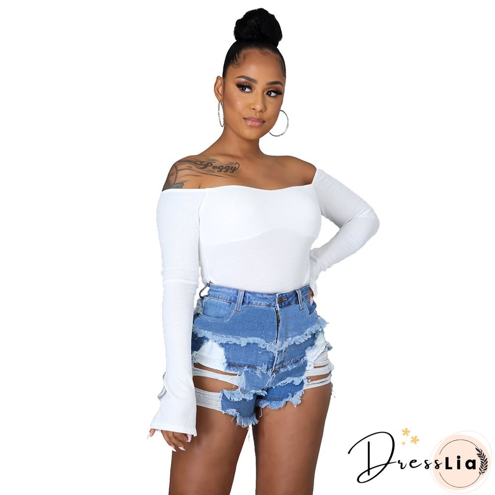Summer Sexy Patchwork Women Ripped High Waist Holes Stretch Streetwear Plus Size Denim