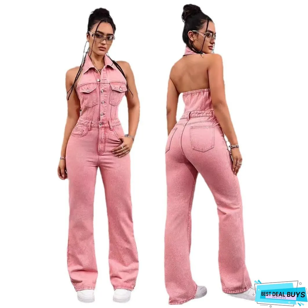 Women's Denim Fashion Sexy Backless Lapel With Jumpsuits
