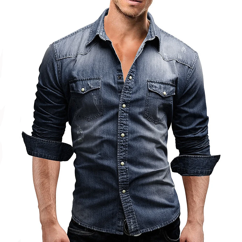 Men's Casual Long Sleeve Denim Shirts Vintage Denim Shirts