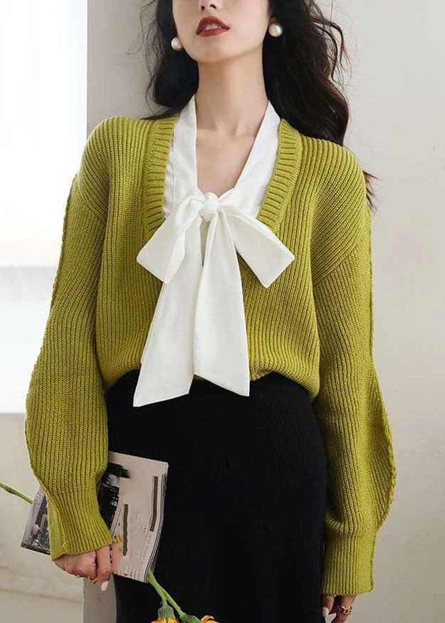 Casual Green Bow Cozy Fake Two Pieces Knit Sweaters Spring