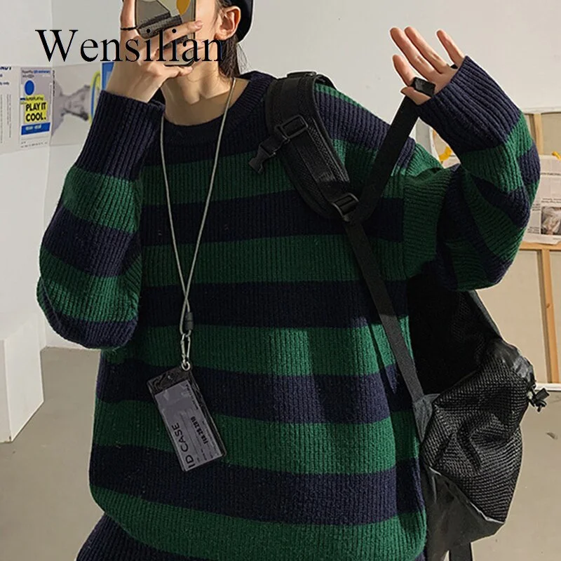 Winter Pullovers Woman Striped Knit Sweater Oversize Casual Jumper Couple Harajuku Sweatshirt Crew Neck Pullover Sueter De Mujer