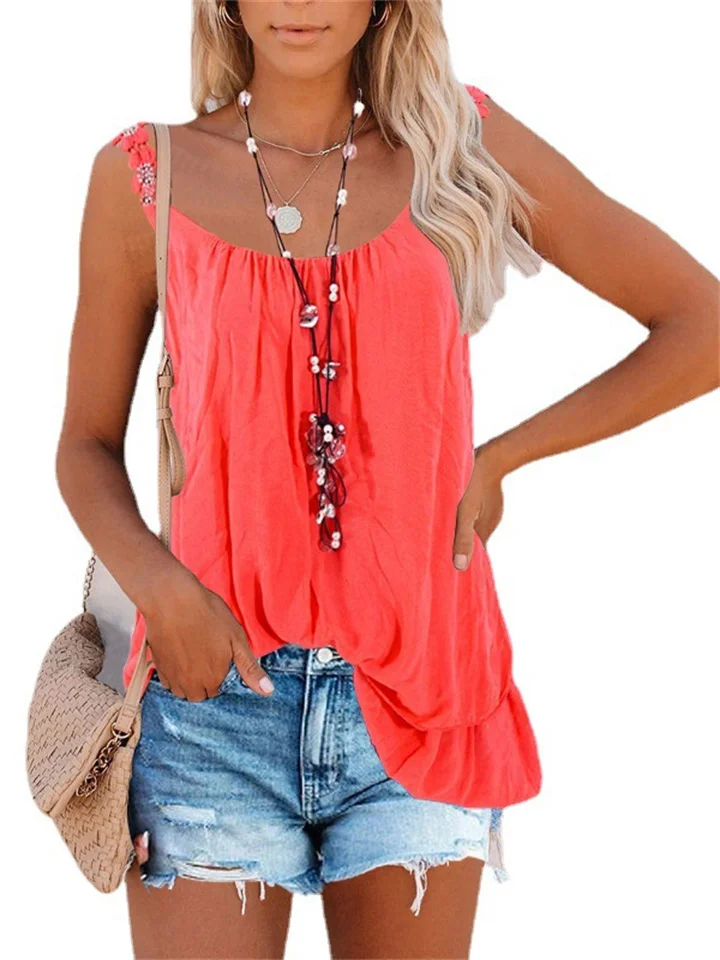 New Women's Round Neck Lace Suspenders Solid Color Loose Double Splicing Sleeveless Tops Comfortable Casual Women's T-shirt