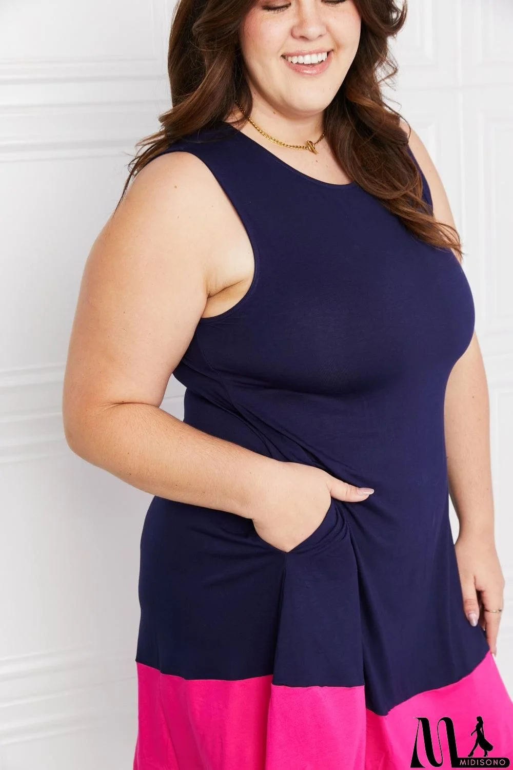 MidiSono - Yelete Full Size Two-Tone Sleeveless Mini Dress with Pockets