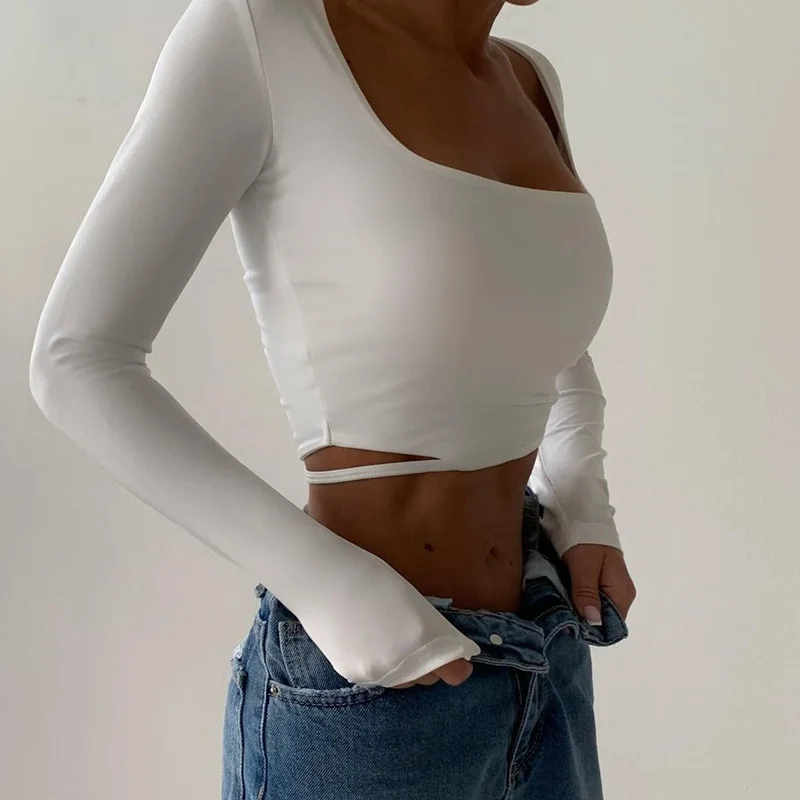 Uveng Uveng Summer New Trend Sexy Sweet And Hot Wind French Square Collar Navel Design Sense Long-Sleeved Top Female