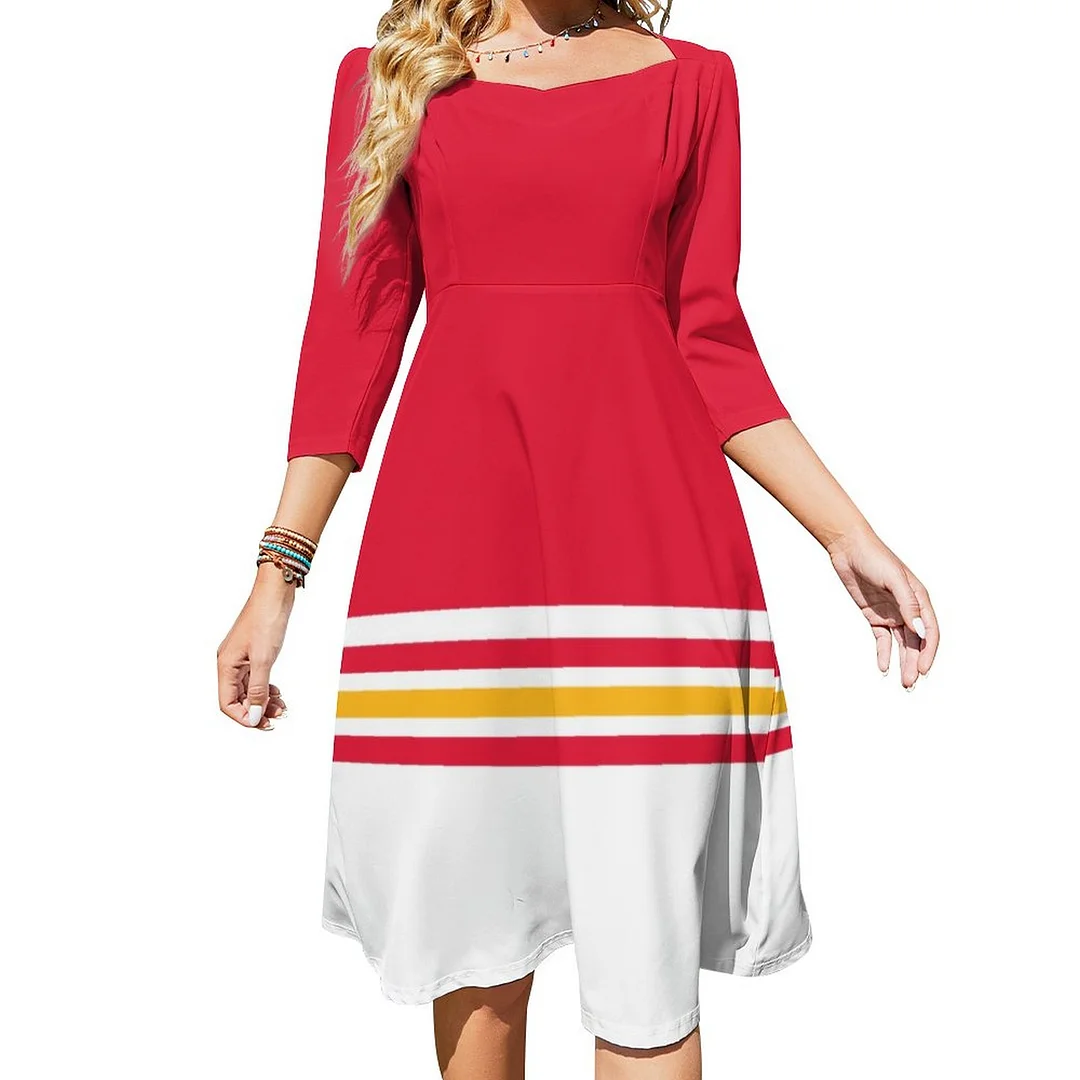 Red Gold Team Promo Costume Tube Sock Dress Sweetheart Tie Back Flared 3/4 Sleeve Midi Dresses
