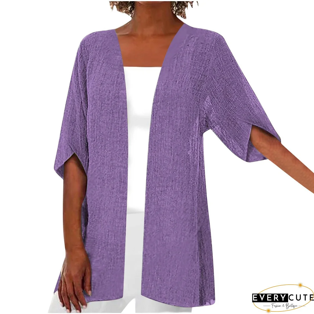 Women Half Sleeve Scoop Neck Solid Cardigan Tops