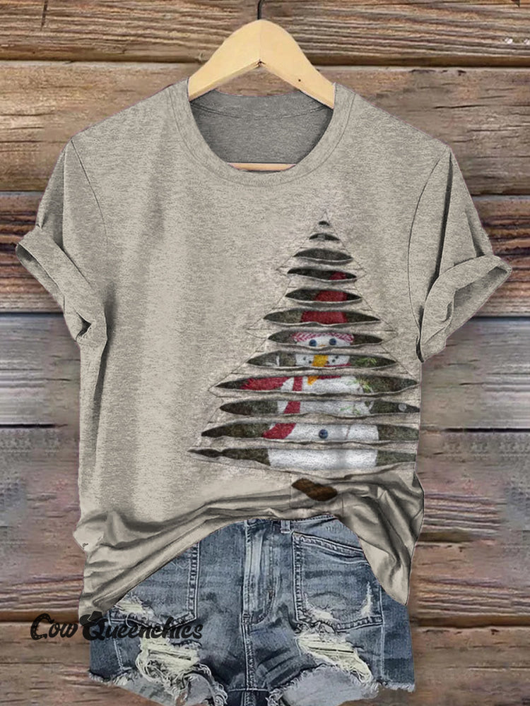 Retro Christmas Tree Print T-shirt Multicolor / S