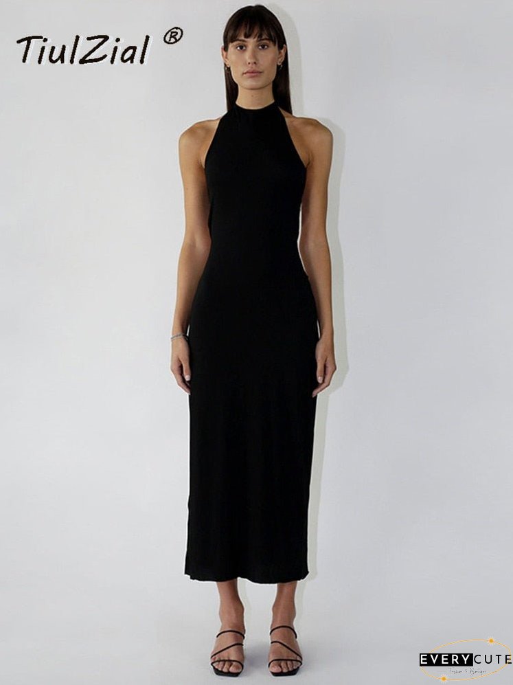 Black Halter Backless Midi Dress Summer Tie Up Beach Holiday Sexy Dress Club Party