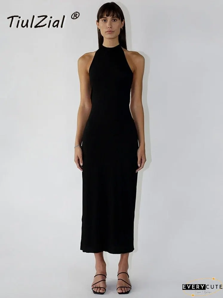 Black Halter Backless Midi Dress Summer Tie Up Beach Holiday Sexy Dress Club Party