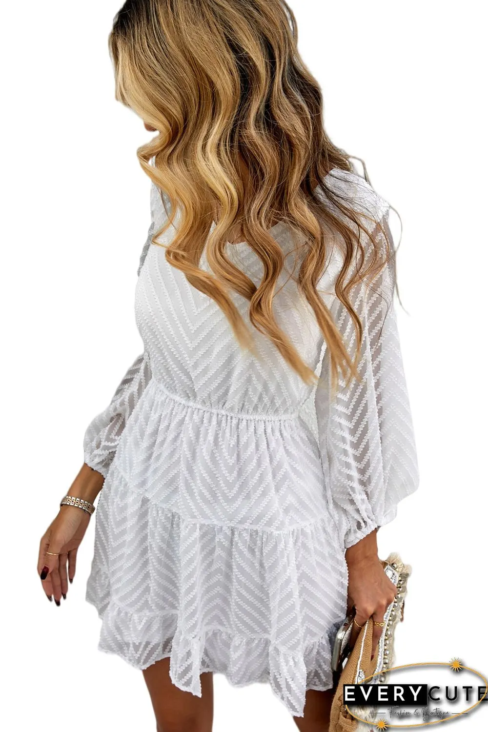White Waved Stripes Textured Balloon Sleeve Tiered Dress