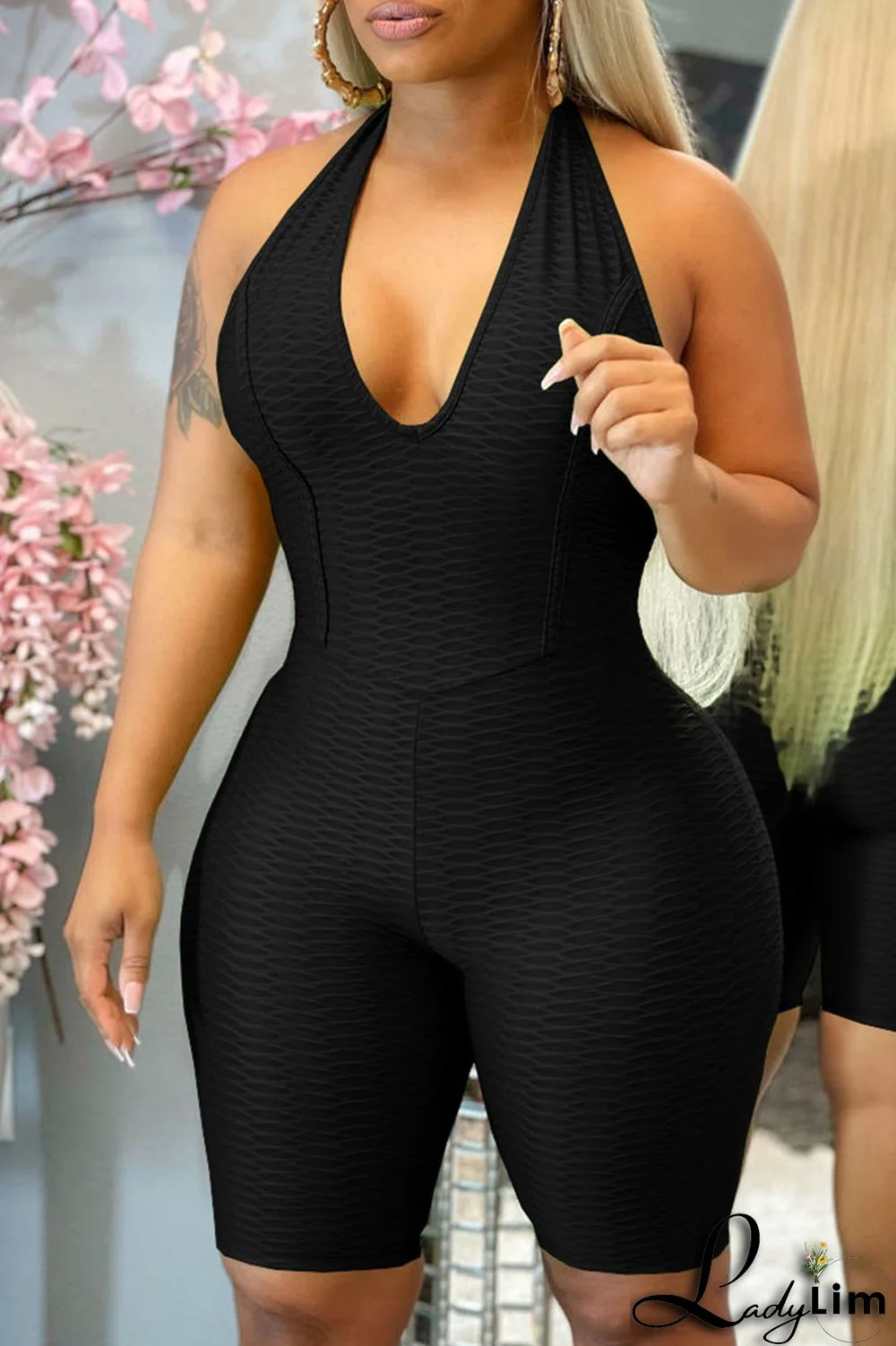 Tibetan Blue Sexy Solid Split Joint Backless Halter Regular Jumpsuits