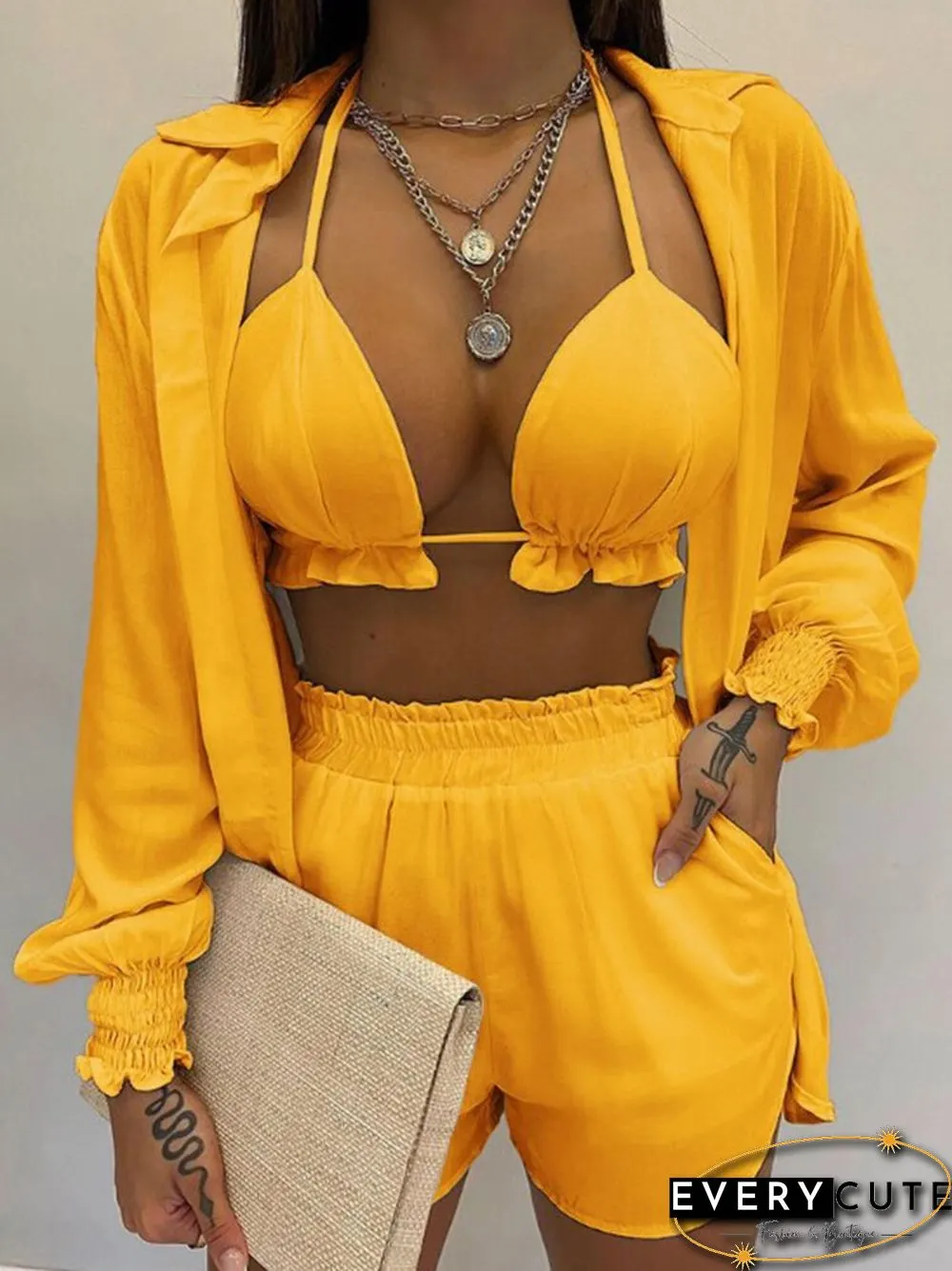 Retro Elegant Print V-Neck Bra Long Sleeve Shirts tops shorts suits beach women casual