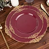 10 Pack | 8" Round Plastic Dessert Salad Plates In Vintage Burgundy, Gold Leaf Embossed Baroque Disposable Plates