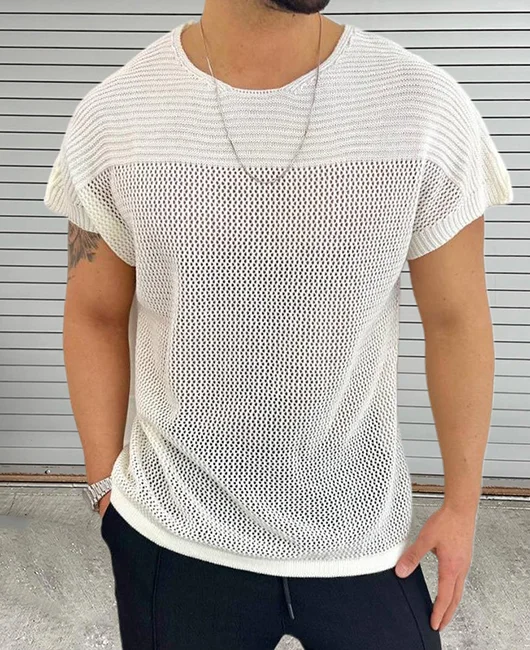 Casual Crew Neck Short Sleeve Hollow Knitted T-Shirt 