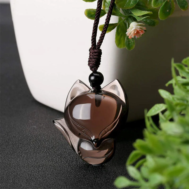 Natural Black Obsidian Tiger Eye Ice Obsidian Fox Pendant Amulet Necklace