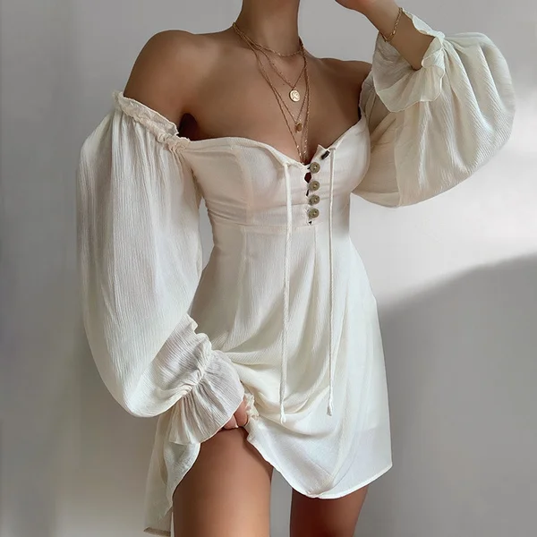 Zanzea Womens Summer Casual Off Shoulder Party Sundress Solid Color Puff Sleeve Swing Mini Dress