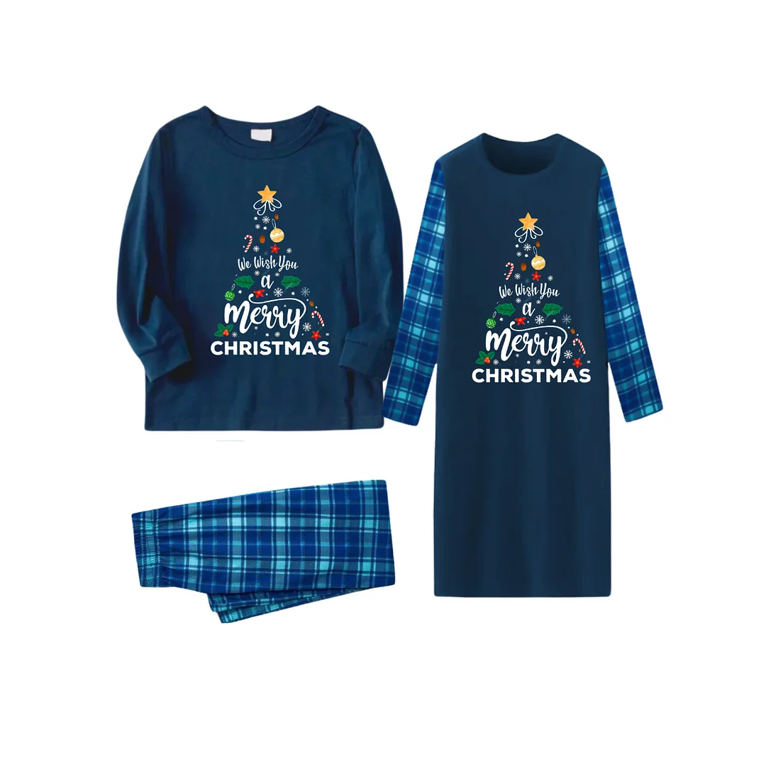 "We Wish You a Merry Christmas" Printed Blue Long Sleeve Top With Blue&Green Plaid Couple Matching Pajamas
