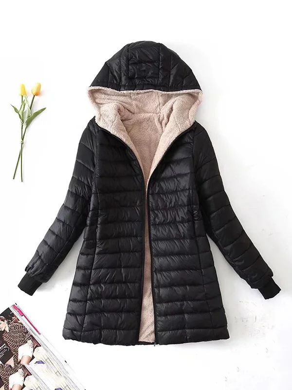 Long Sleeves Keep Warm Pockets Velvet Zipper Hooded Outerwear Padded Coat