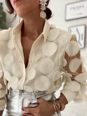 Image of Long Sleeves Loose Buttoned Mesh Polka-Dot Split-Joint Lapel Blouses&Shirts Tops