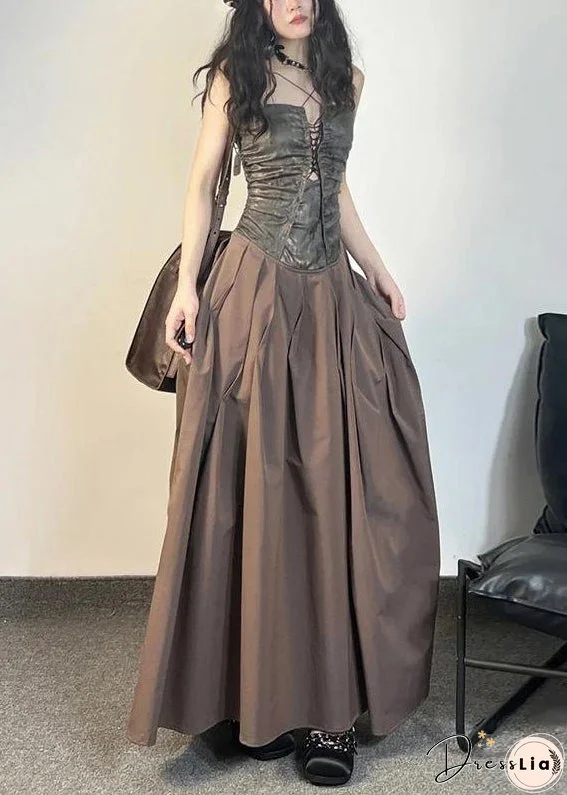 Unique Coffee Pockets Patchwork Cotton Spaghetti Strap Dress Sleeveless