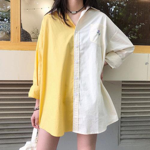 Loose Embroidery Patchwork Design Turn-down Collar Long Tops Cotton Female Blouses