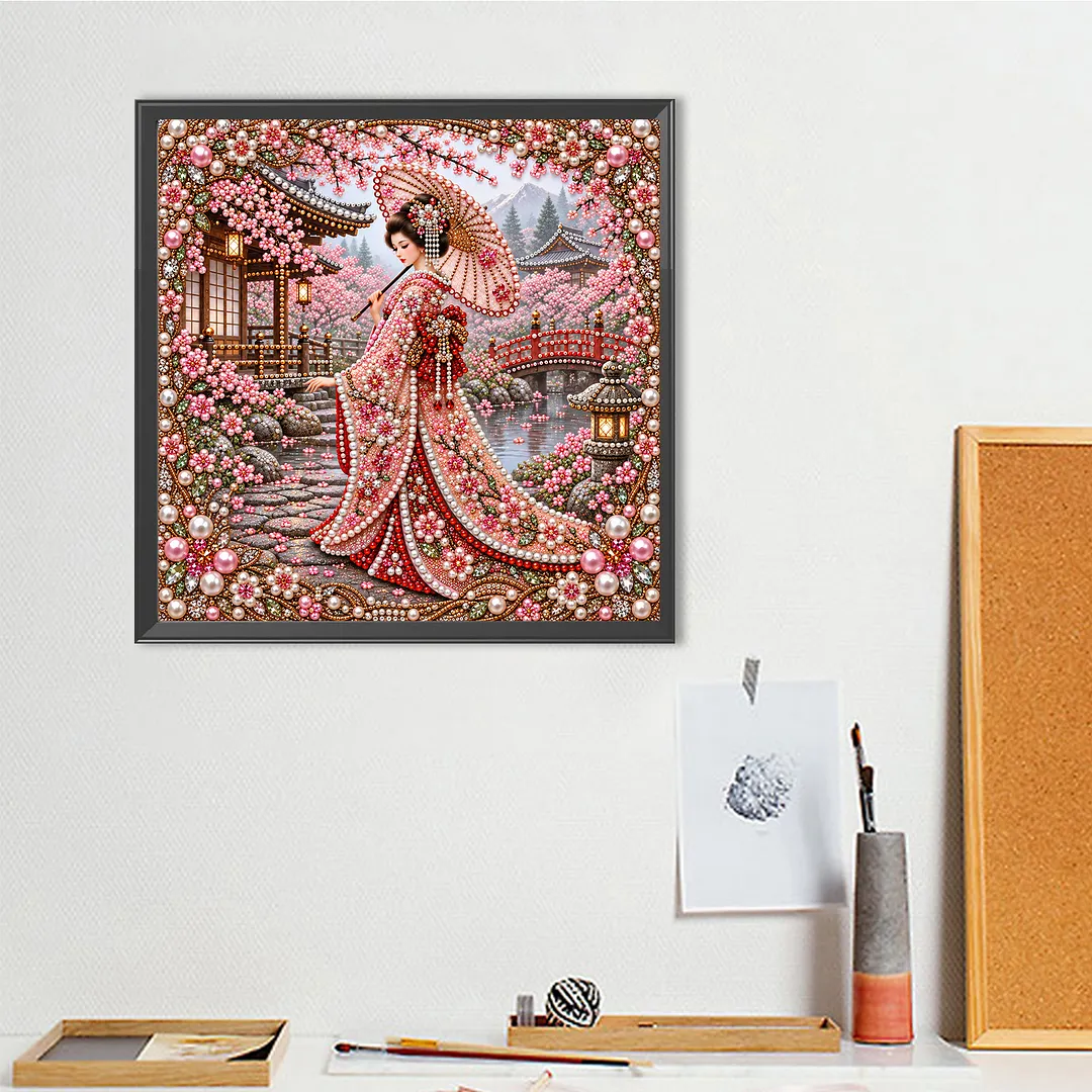 Special Shaped Diamond Painting Kit Geisha Cherry Blossom 40x40cm