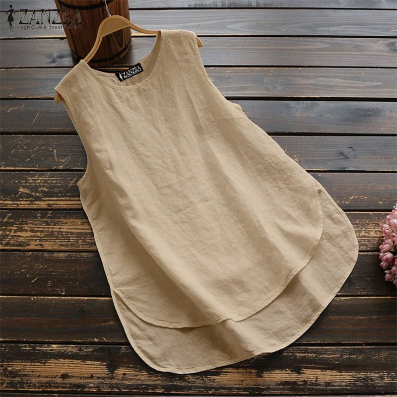 2022 ZANZEA Summer Tanks Top Women Vintage Sleeveless Shirt Tunic Casual Cotton Linen Top Female Solid Camis Mujer Femme Chemise