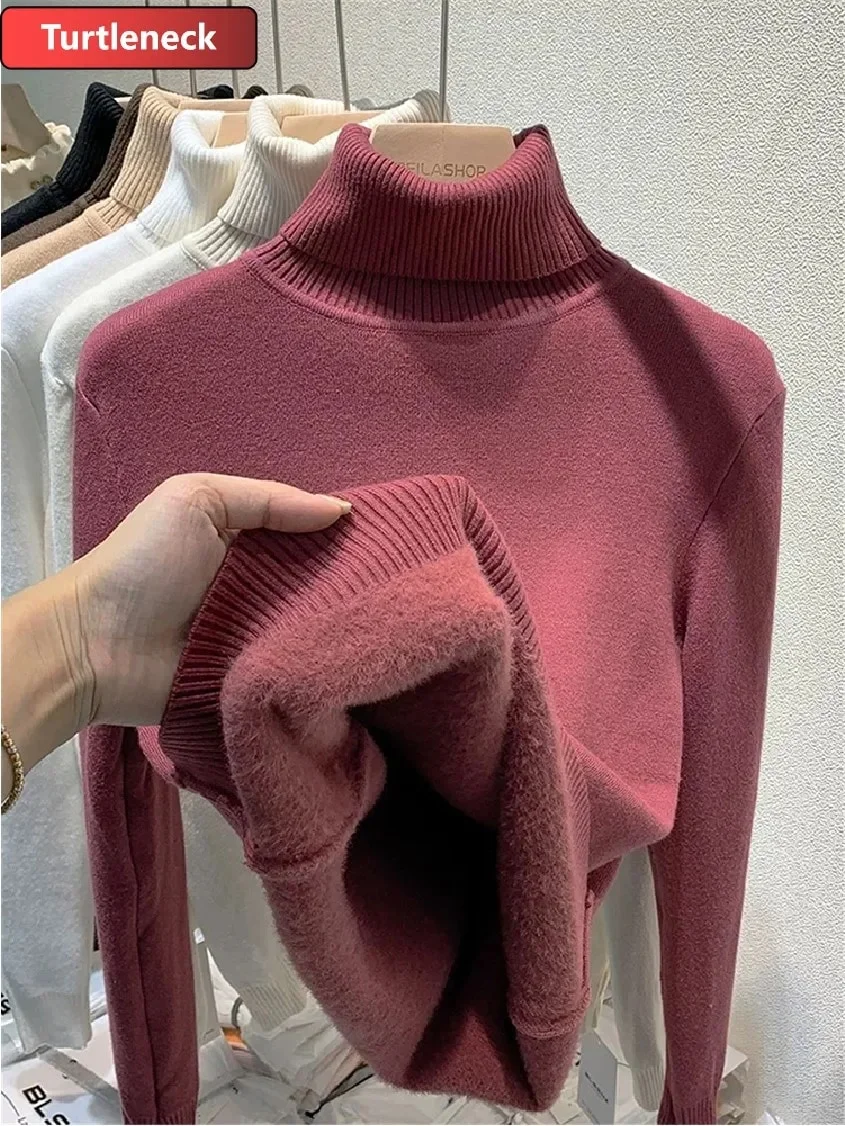 Uveng Warm Sweater Pullover Women Slim Thicken Plush Velvet Lined Knitwear Jumper Korean Half Turtleneck Poleras Soft Knit Tops